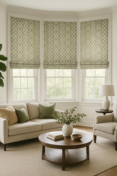 Bay window with tailored Roman blinds in soft taupe lattice print cotton – elegant window treatment for neutral modern interiors